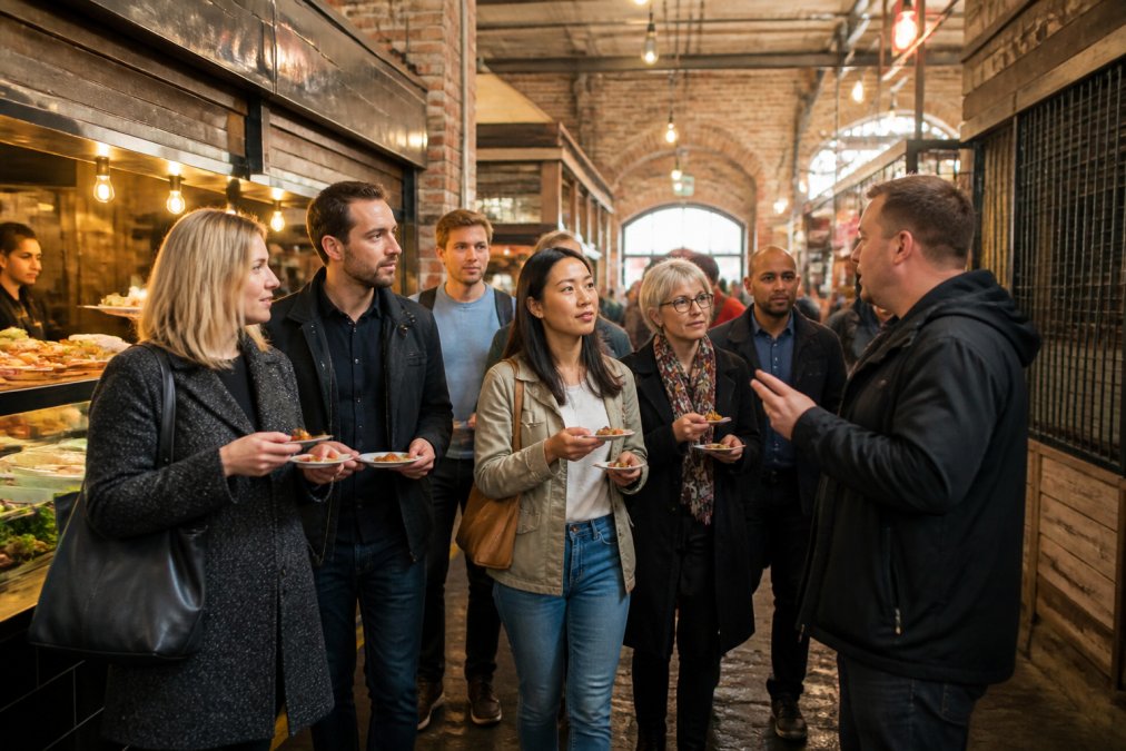 A diverse group of food enthusiasts walking together through a historic market hall with exposed brick and warm lighting, sampling small plates from local vendors while engaged in conversation with a knowledgeable guide