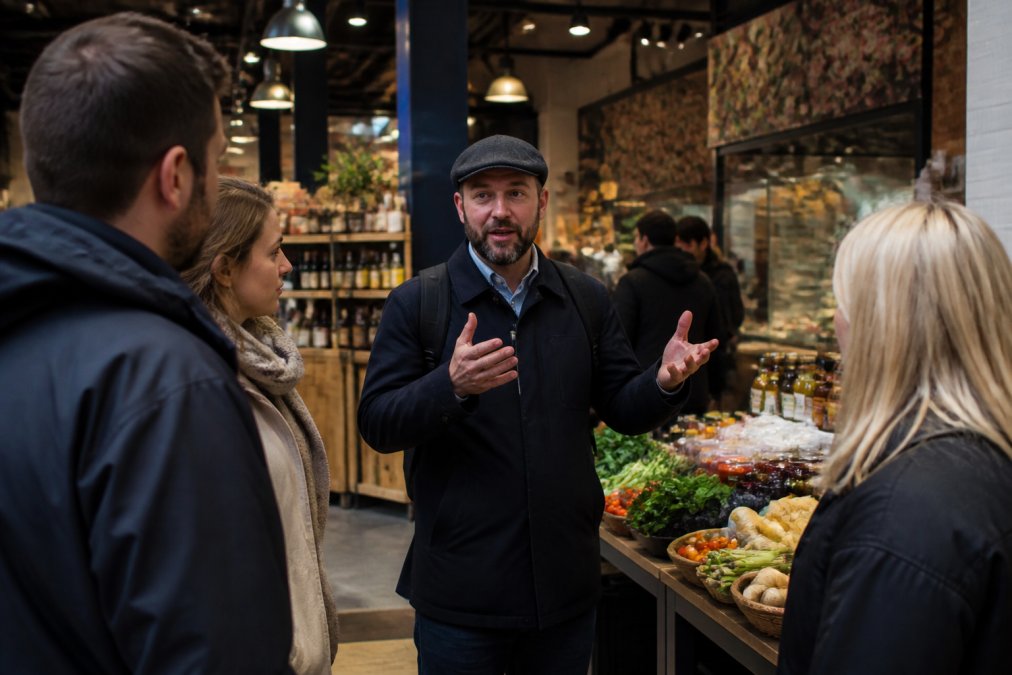 A knowledgeable local guide speaking animatedly to a small group of visitors inside a bustling neighbourhood food market, gesturing expressively toward artisanal produce and specialty items on display, natural market lighting, genuine engagement visible on visitors' faces