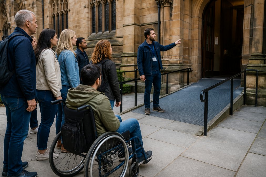 A diverse group on a guided walking tour including a wheelchair user in the foreground, with a knowledgeable guide pointing toward a historic building with a clearly visible step-free entrance and accessible signage, showing the accessible route and engaged group participation