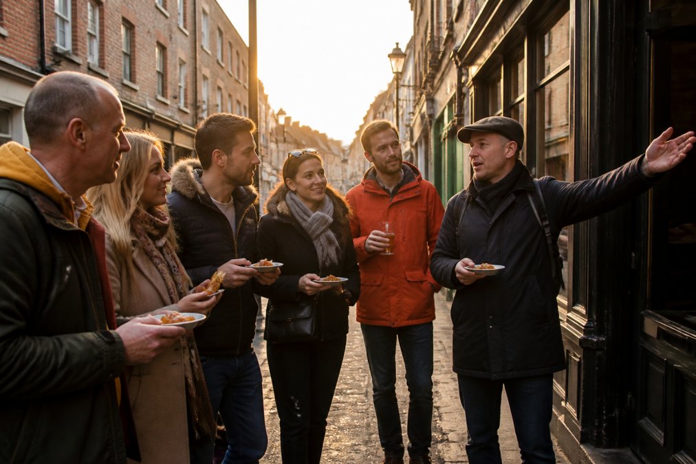 A small group of couples walking together along a historic Salford street, guided by a local expert pointing toward a traditional eatery entrance, holding small plates of food and craft drinks, warm evening light casting long shadows