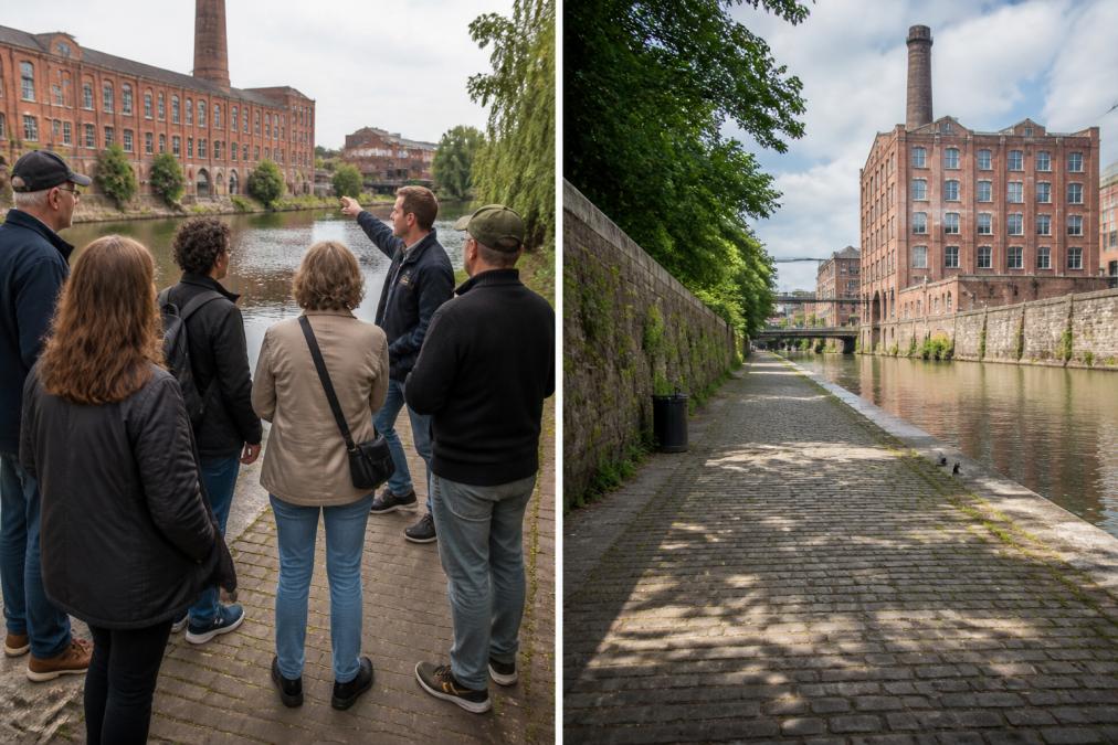 Small group of visitors walking together along a brick-lined canal towpath, guide gesturing toward a multi-storey red brick mill building across the water, industrial heritage features visible, natural daylight with urban surroundings