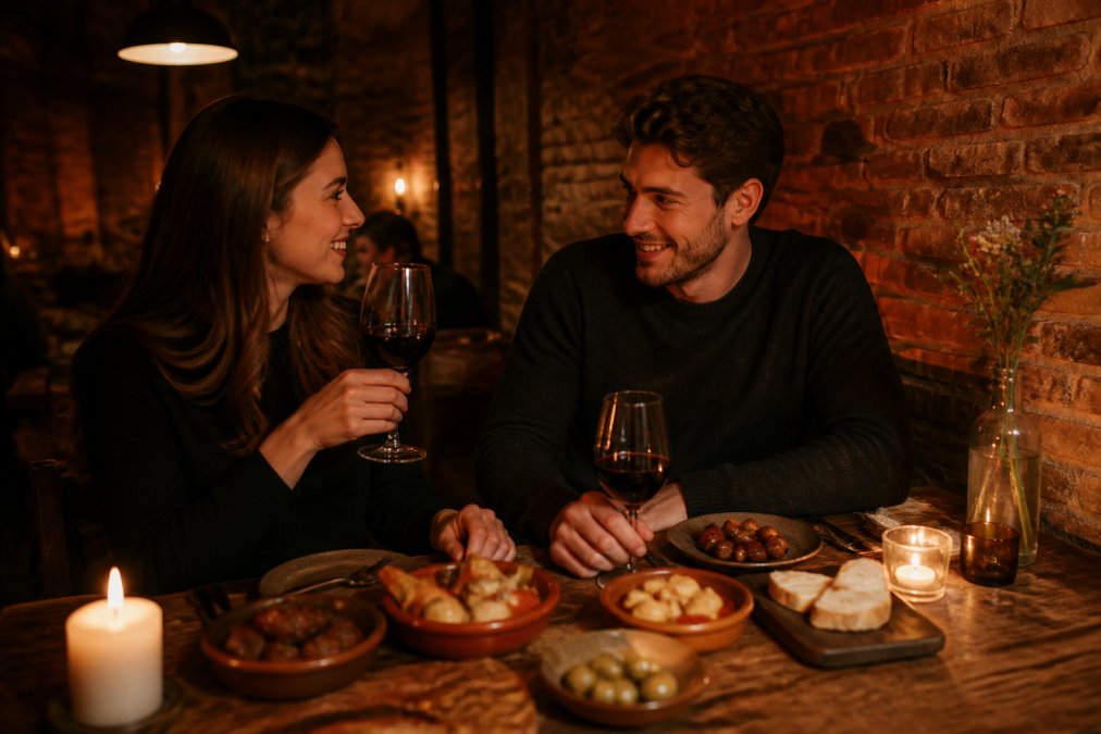 Couple sharing small plates of Spanish tapas and sipping wine at a candlelit table with exposed brick walls and warm amber lighting