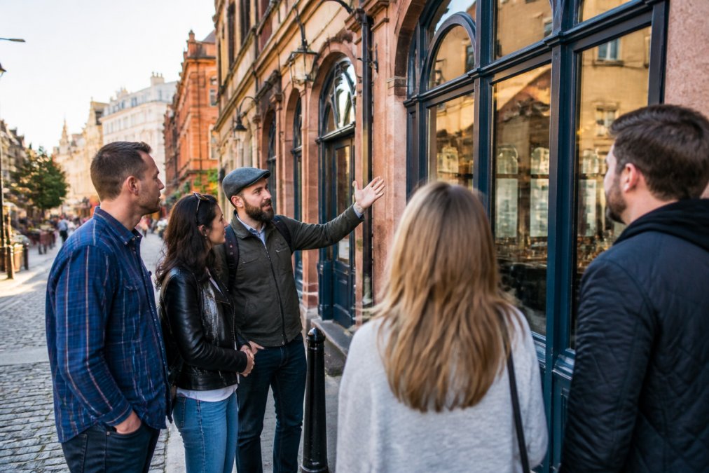 Small group of couples walking through a historic Manchester street lined with Victorian architecture, stopping outside a local restaurant while a knowledgeable guide gestures toward the storefront, warm afternoon sunlight