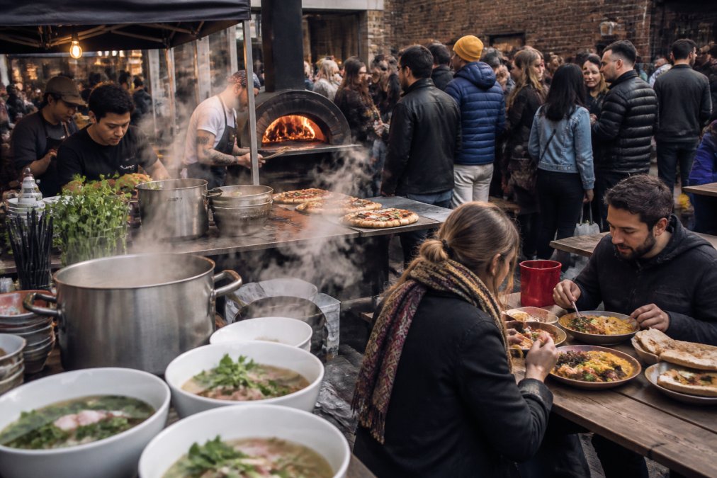 A vibrant street food scene with steaming bowls of pho, wood-fired pizza emerging from an oven, and colourful curry plates, with people queuing and eating together in casual outdoor seating