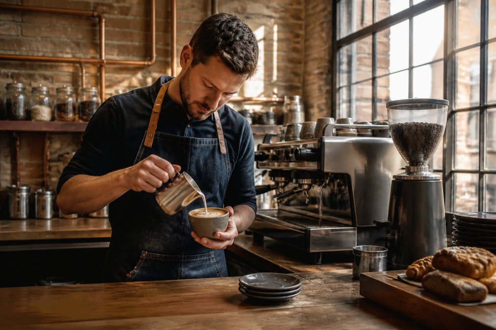 A barista in a denim apron pouring latte art into a ceramic cup at a wooden counter, exposed brickwork and copper pipes visible behind, warm morning light streaming through tall factory windows