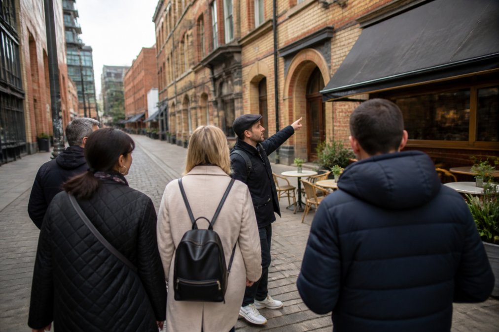 A guide leading a group on food tours in Manchester through the historic Northern Quarter streets.