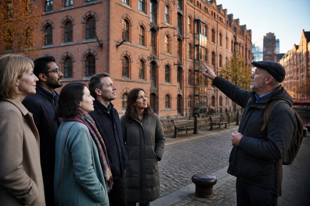 Expert guide sharing the benefits of guided Manchester heritage walks while pointing at a Victorian warehouse.