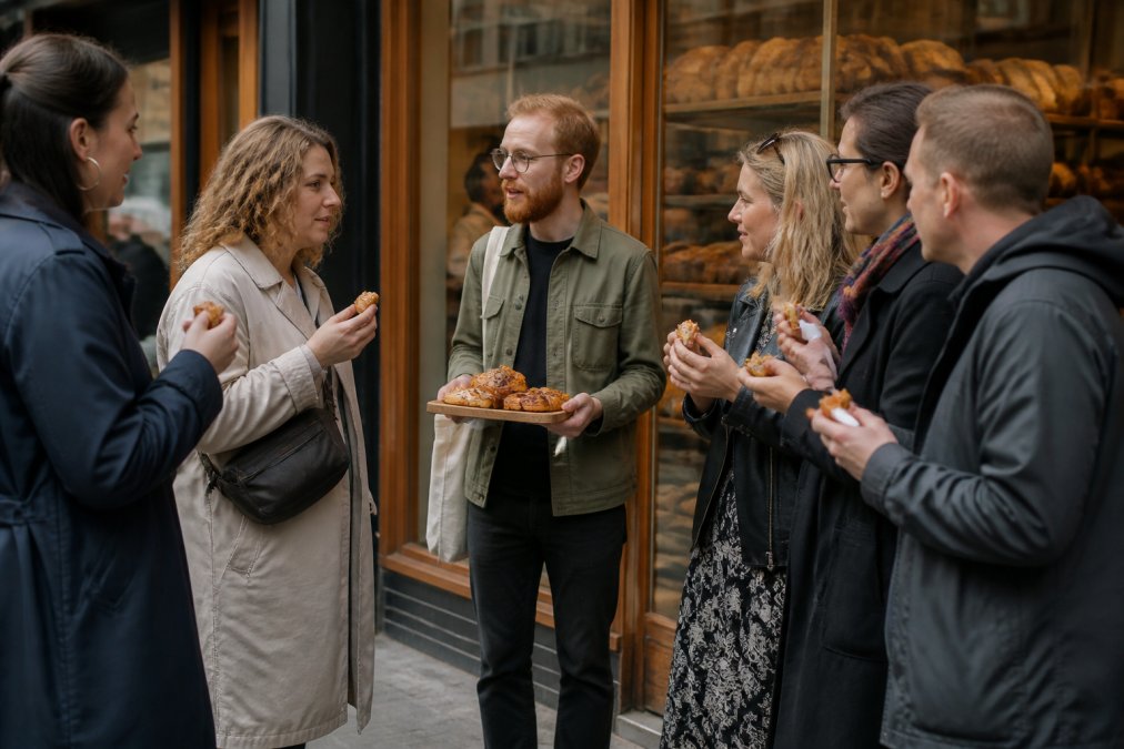 A group enjoying artisanal samples at an independent bakery on a Manchester food tour