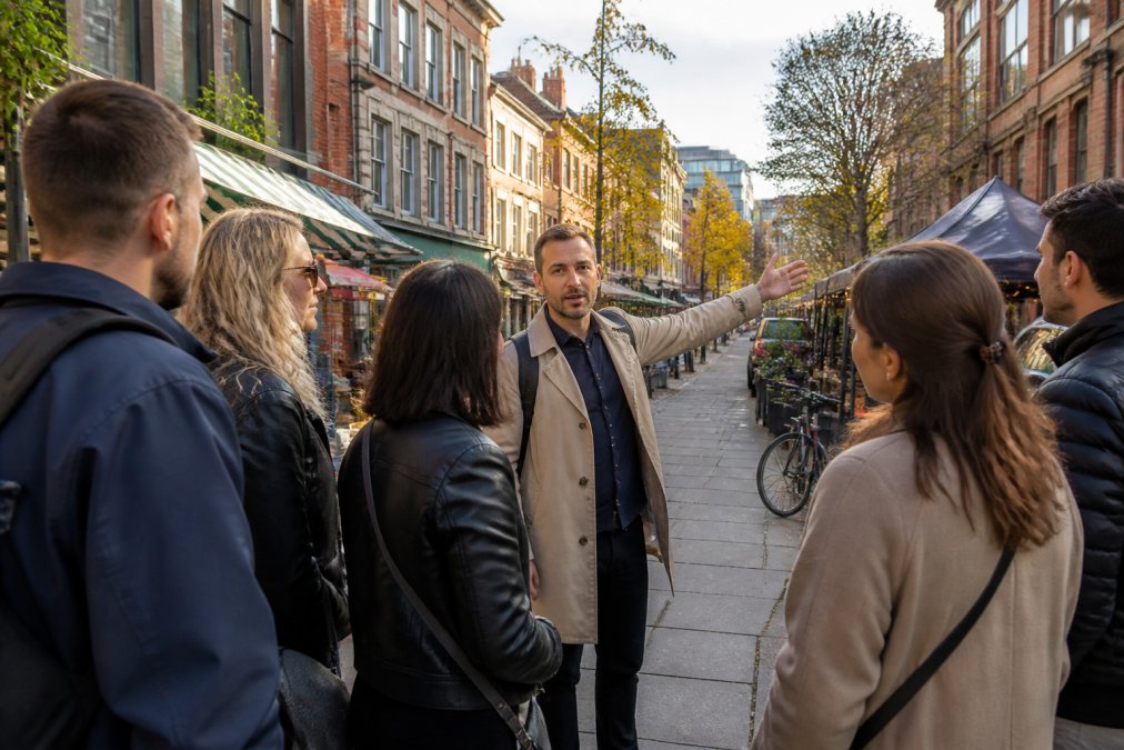 A tour guide pointing out independent cafes on a historic Manchester street while explaining why explore Manchester through