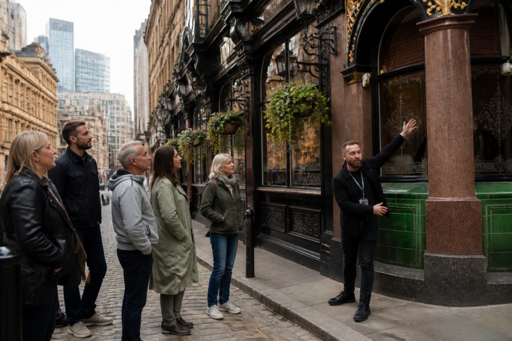 A tour guide shares history on a Manchester street during one of our popular British food tours.