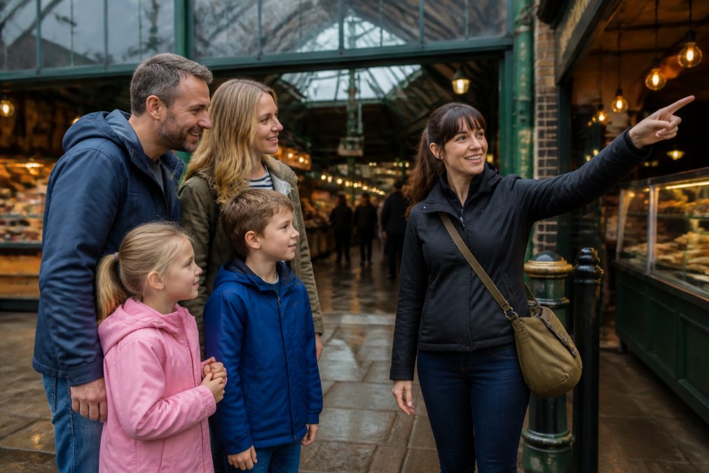 A family and guide enjoy family-friendly food tours Manchester at a historic market stall in the afternoon sun.