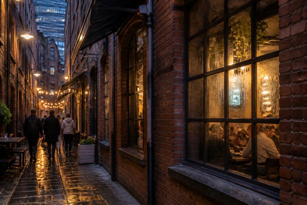 Warm evening light glows from a hidden Manchester eatery in a narrow Northern Quarter brick alleyway.
