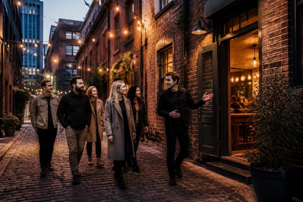 A guide leads a group on a tour for authentic Manchester food through a cobbled Northern Quarter street at dusk.