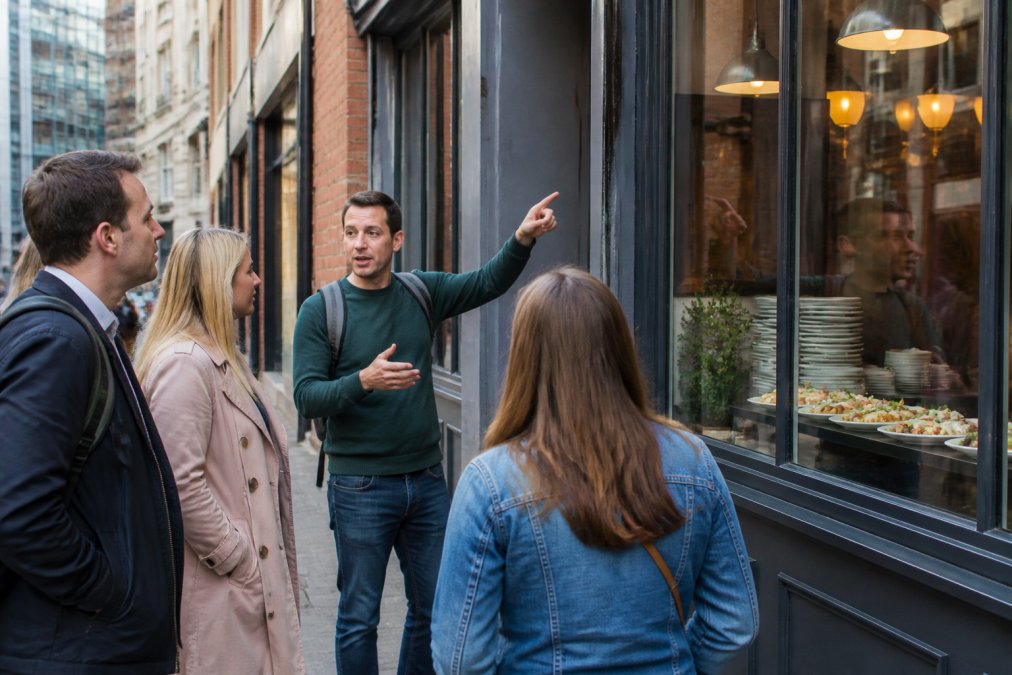 Tour guide pointing to an eatery during a Manchester food tour on a historic city street with tasters visible.