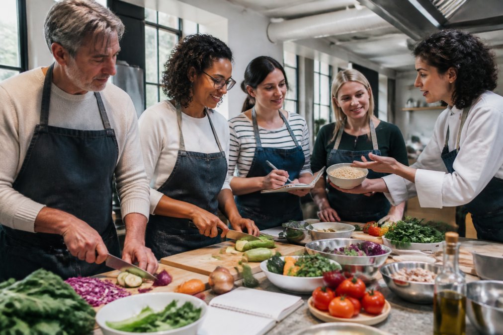 Students in cooking classes abroad chopping vegetables with an instructor in a bright kitchen