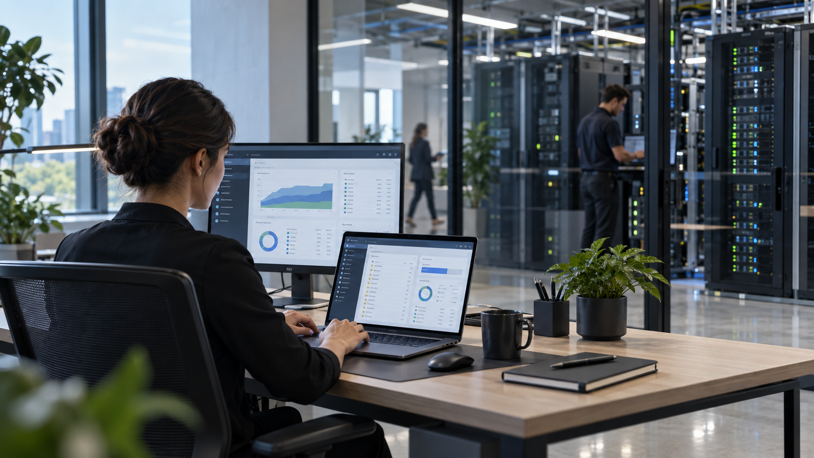 IT professional managing storage infrastructure with data center systems in the background