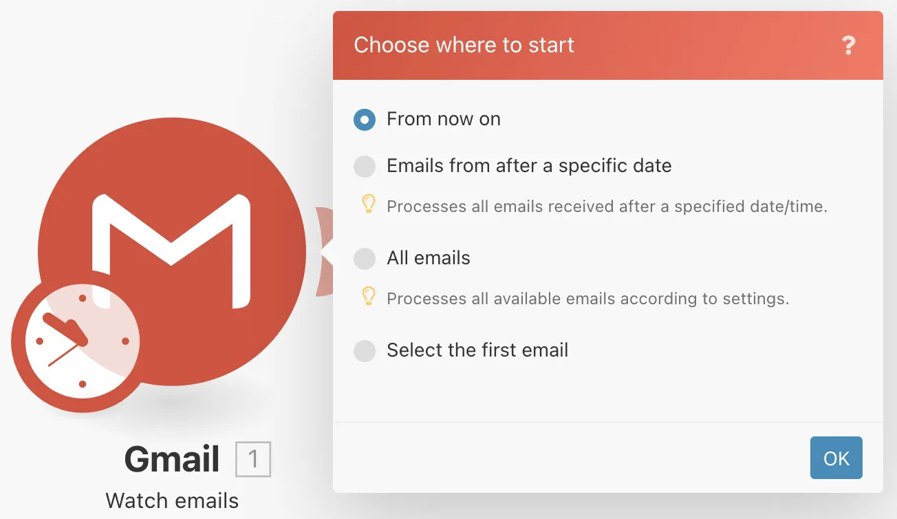 Choix du départ de l'automatisation Make avec Gmail 