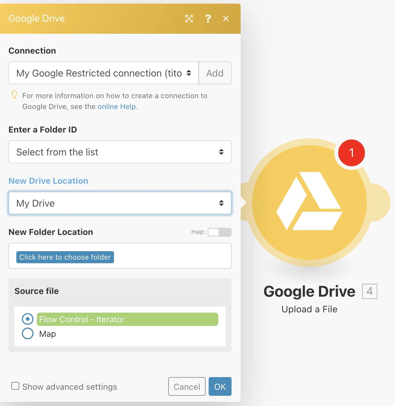 Fenêtre s'ouvrant quand on ajoute une bulle "Google Drive"