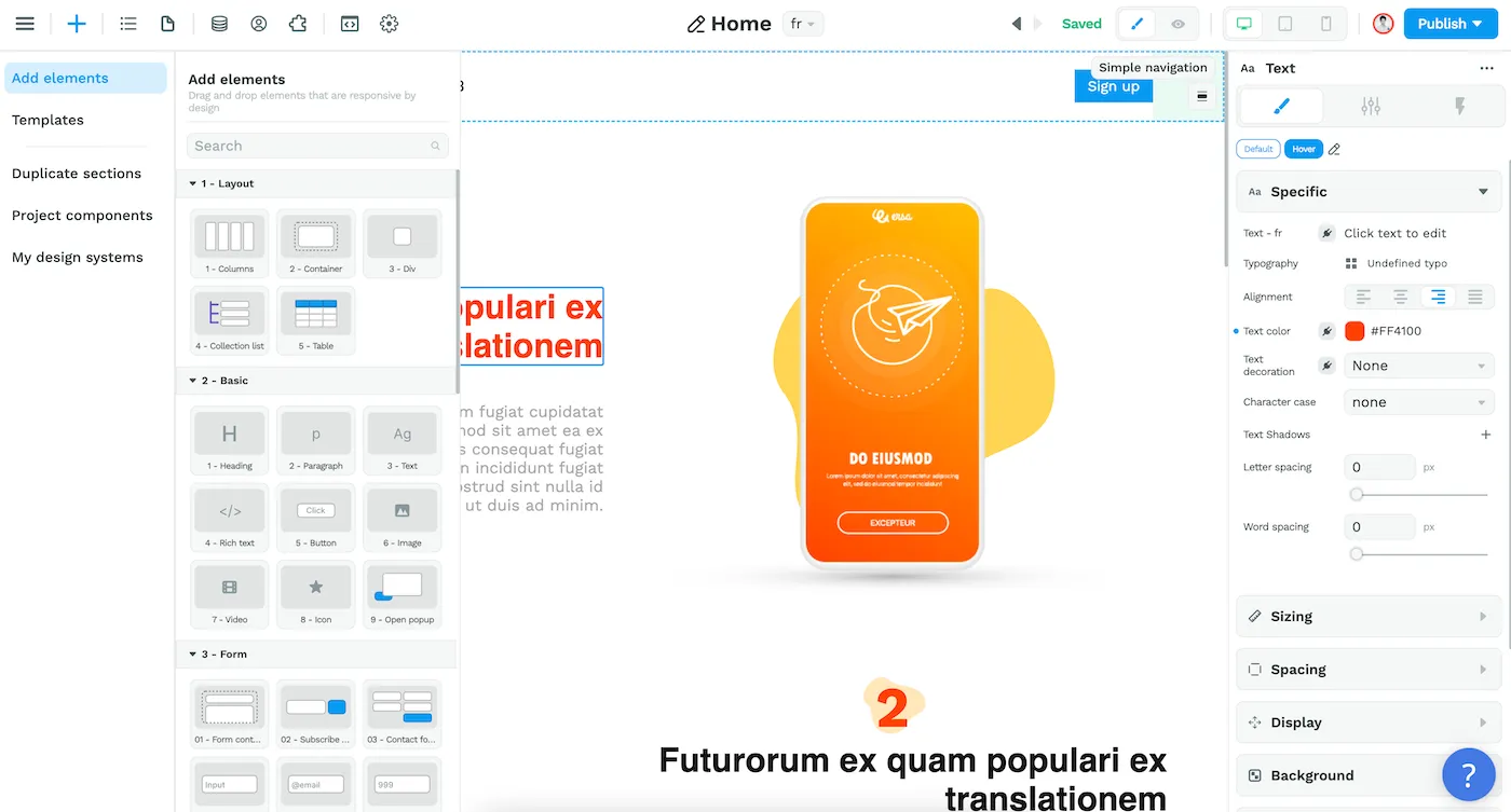 Interface du builder d'application nocode weweb