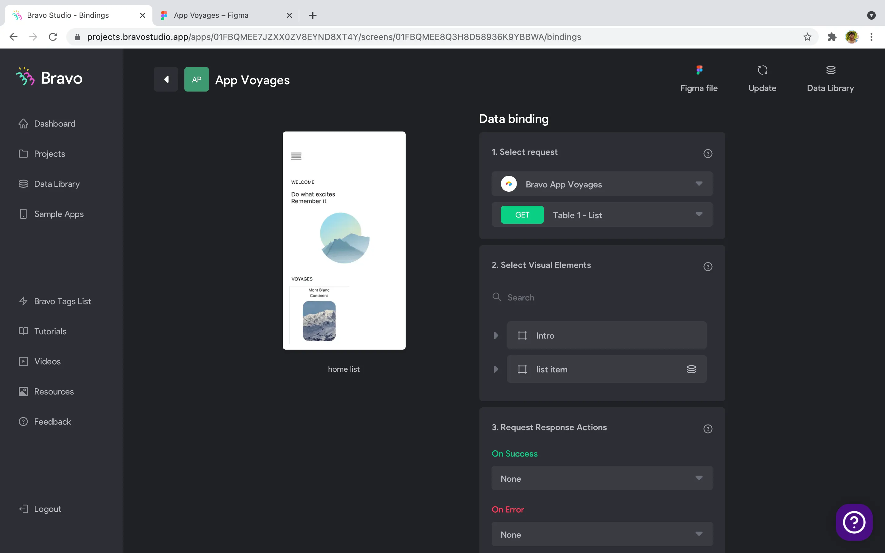 Vue de la fenêtre data binding de Bravo Studio