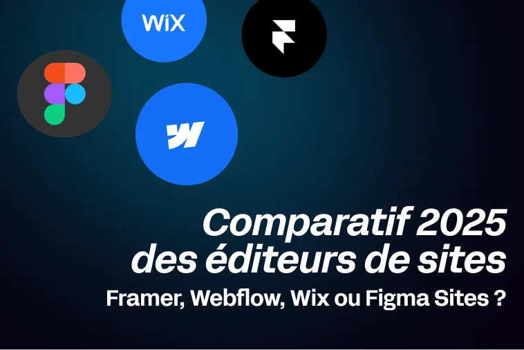 Icônes des logos de Webflow, Framer, Wix et Figma, disposés autour d'un ordinateur et d'un smartphone, symbolisant la création de sites web no-code