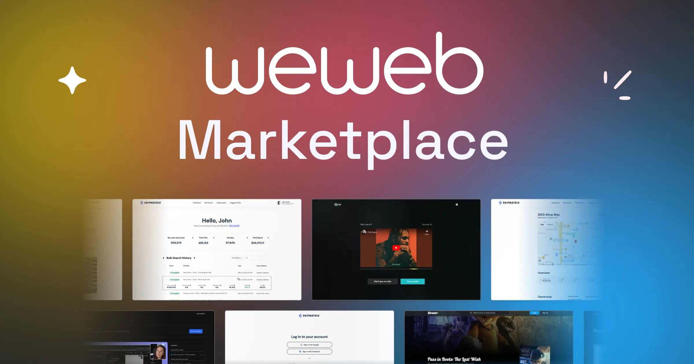 Interface de la marketplace WeWeb présentant divers composants et templates réutilisables pour le développement front-end no-code
