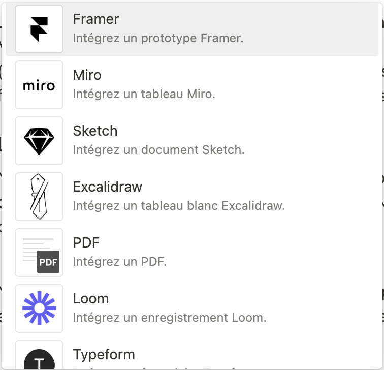 liste des intégrations d'outils dans Notion : framer, miro, sketch, excalidraw, pdf, loom, typeform...
