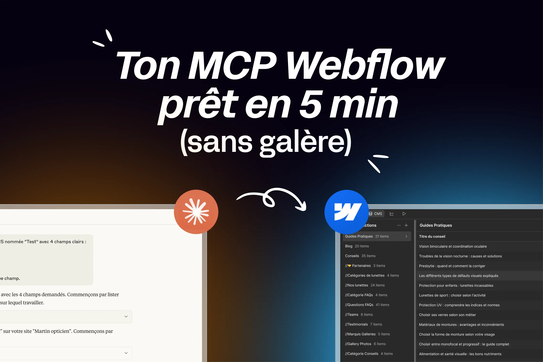 Miniature tutoriel MCP Webflow avec logos Claude et Webflow et texte “Ton MCP Webflow prêt en 5 min (sans galère)”