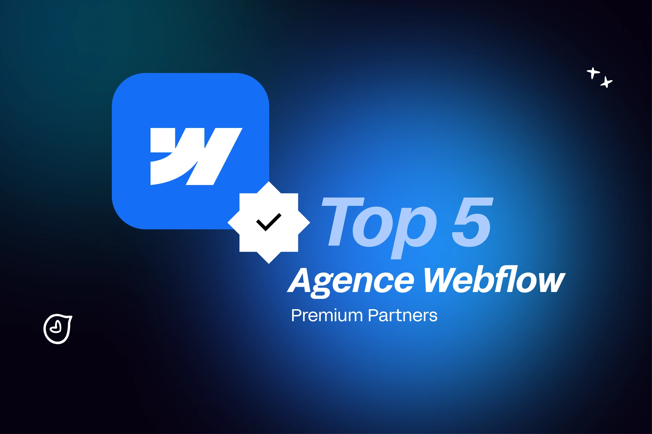 Logo Webflow stylisé, entouré de 5 icônes représentant des agences de développement web.