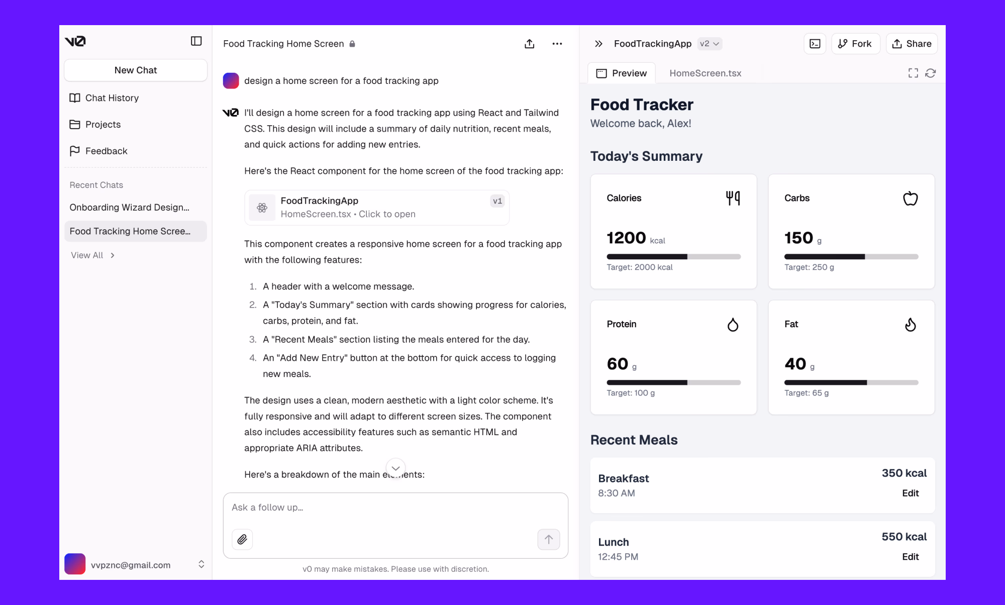 V0 vibe coding tool screenshot