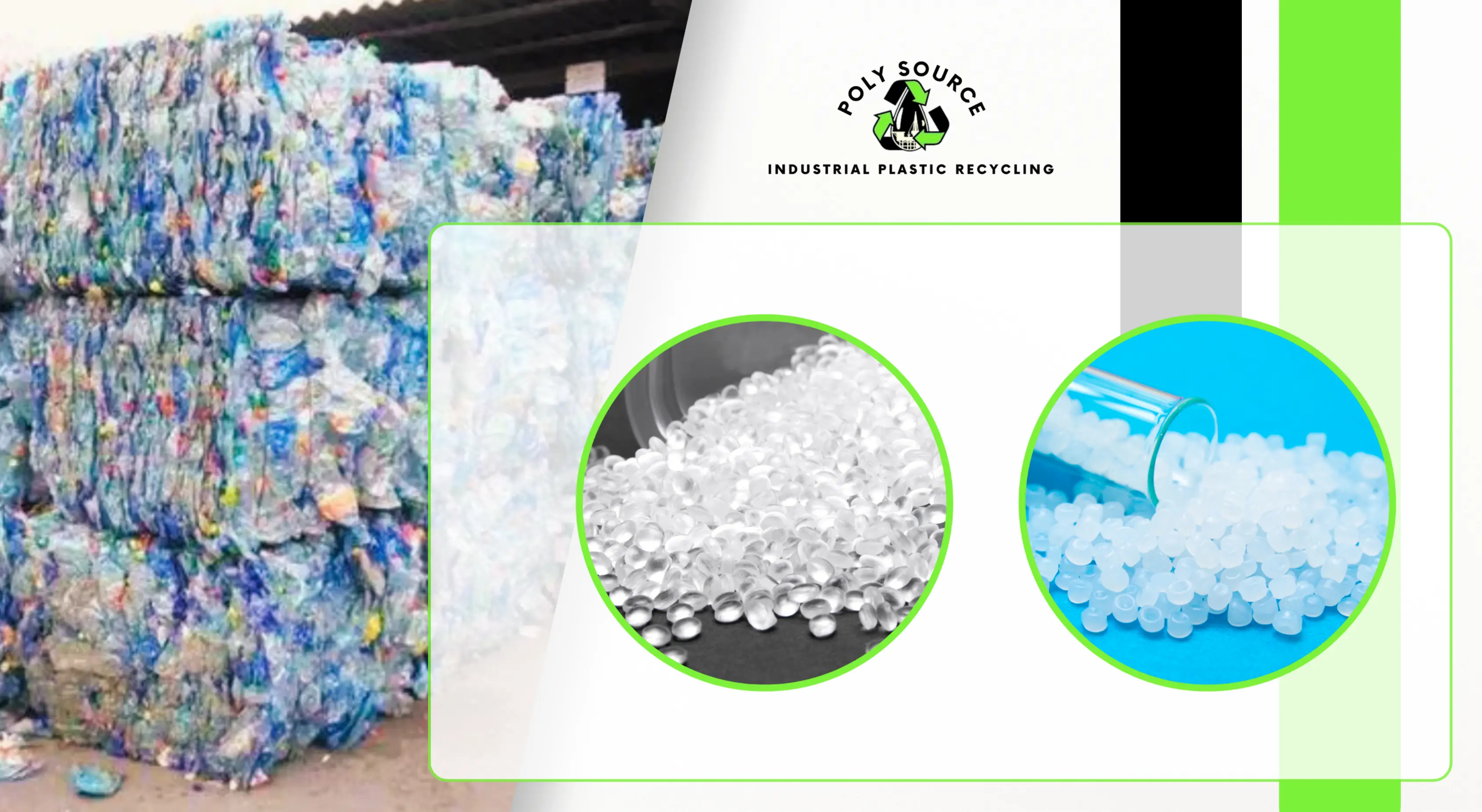High-Density Polyethylene (HDPE) recycling showing compacted plastic bottles and processed HDPE pellets used in industrial plastic recycling at Poly Source.