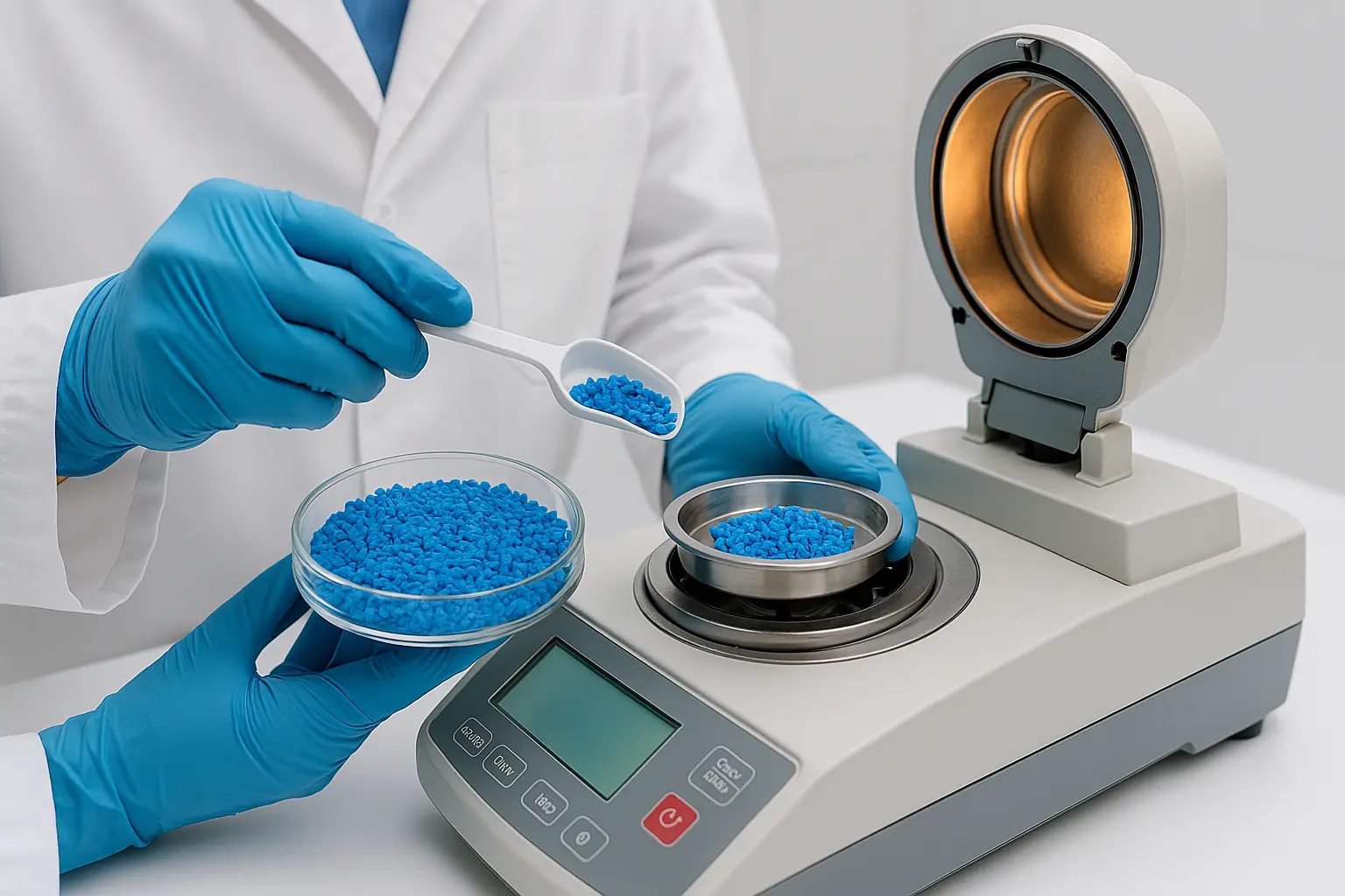 Plastic polymer granules being tested in a lab for quality control and material consistency.