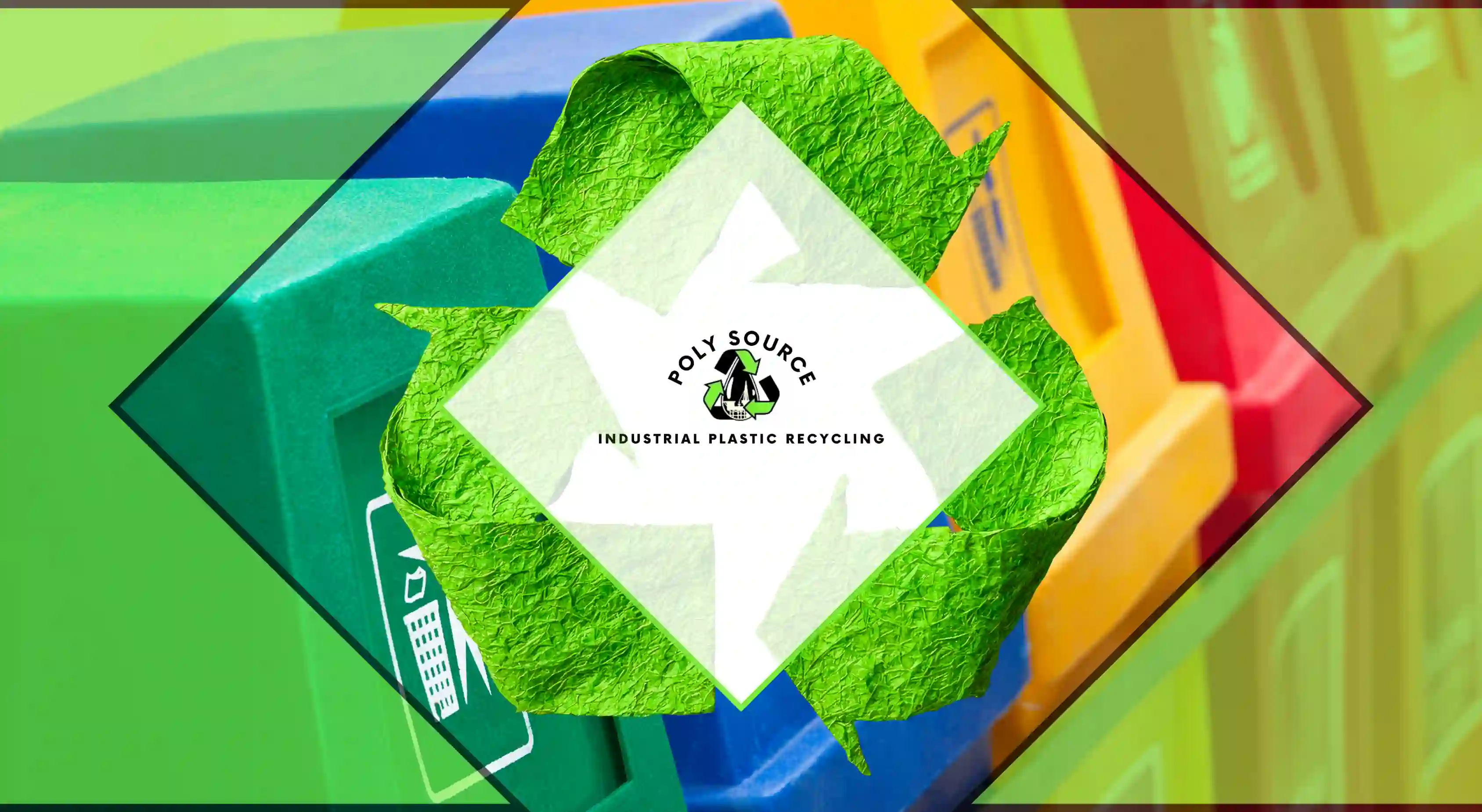 Poly Source logo over green recycling symbol with colorful recycling bins in the background