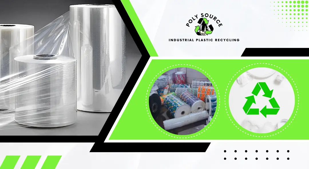 BOPP film rolls and recycled film scrap with recycling symbol.