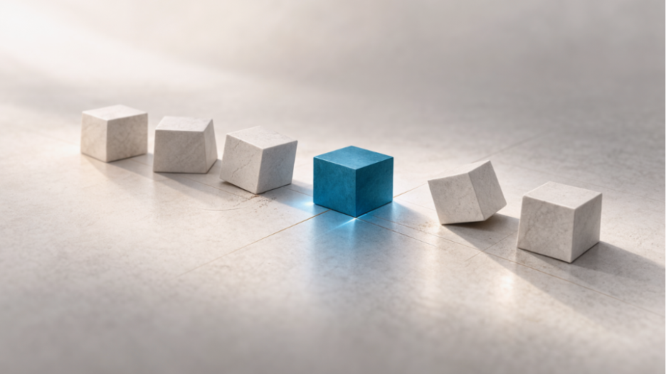 Blue cube aligned among misaligned blocks symbolizing management clarity