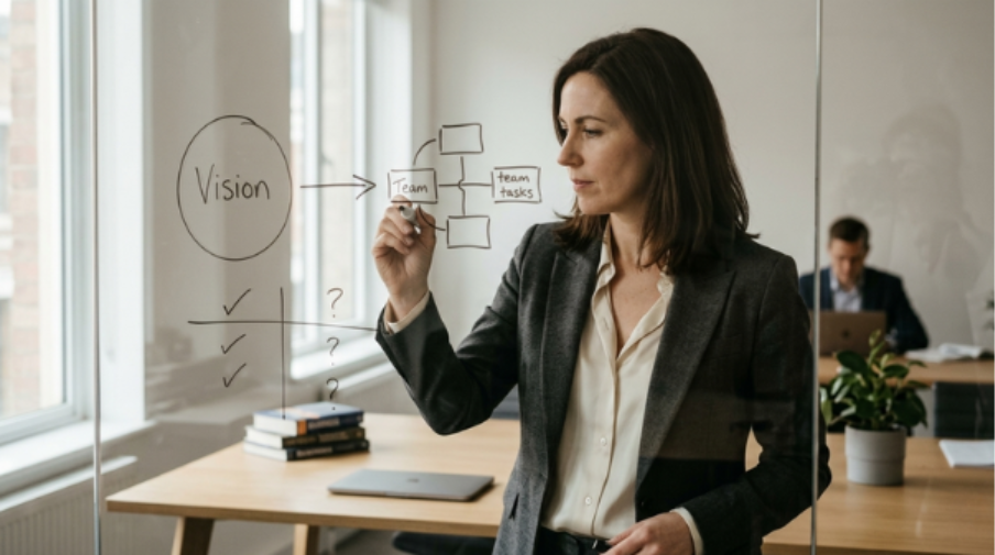 Professional mapping strategy on a glass board, illustrating what is leader and leadership 