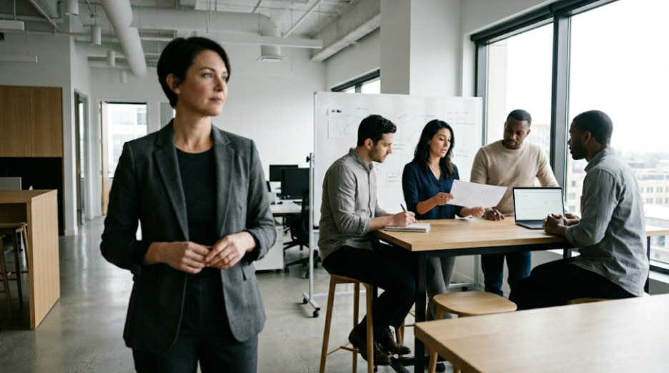 Leader observing a team in a modern office, representing adjectives to describe a leader 