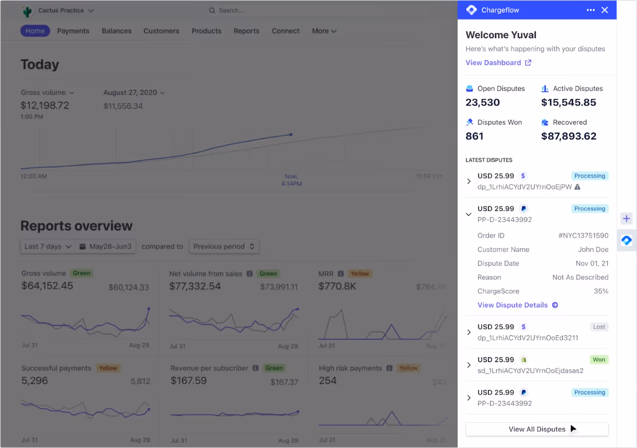 Interface of Chargeflow Integrate with Stripe