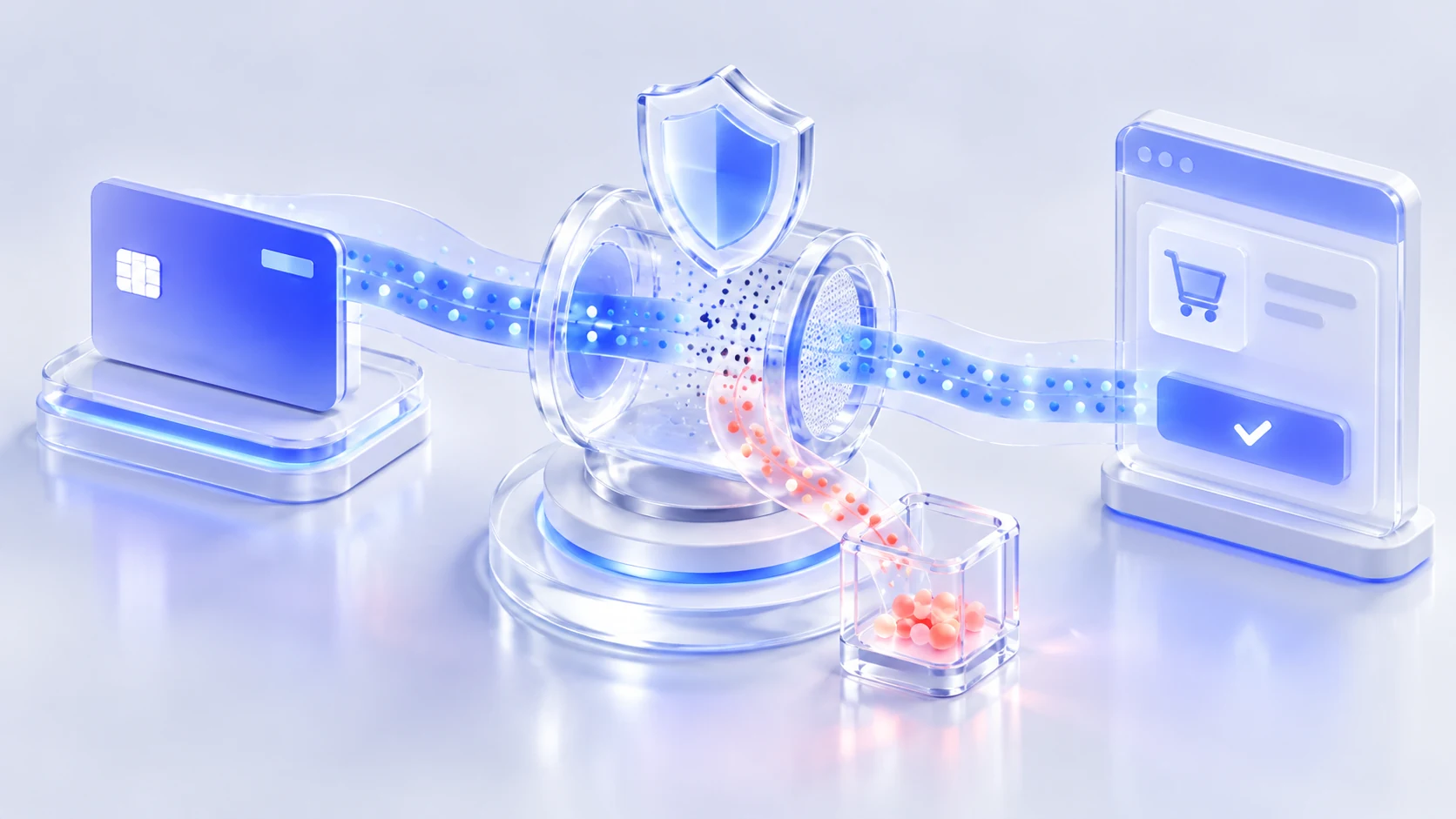 Glass authentication gateway filtering payment particles between a card and merchant checkout.