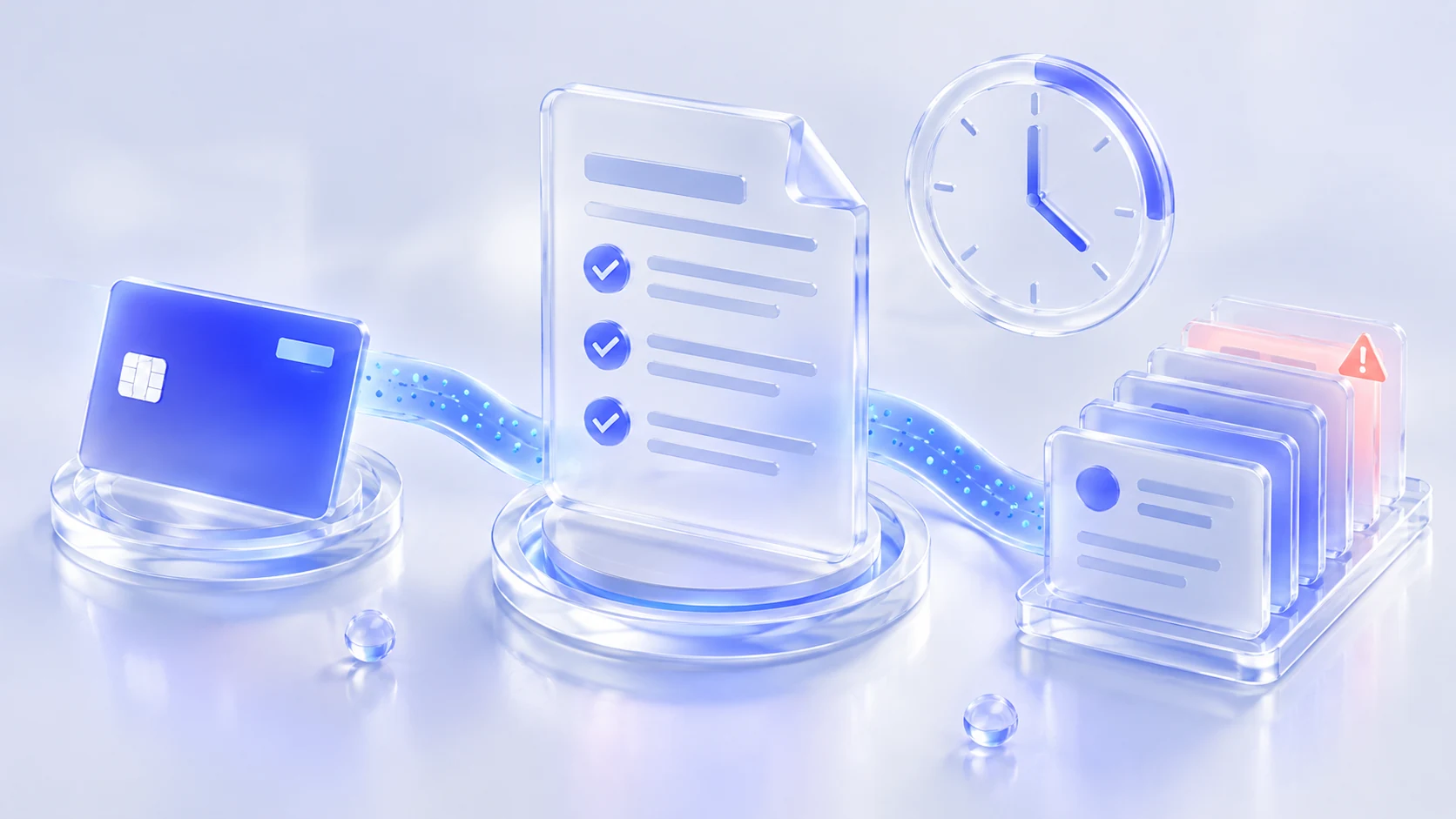 Glass rules document, chip card, record tiles, and clock ring illustrating merchant chargeback rules.