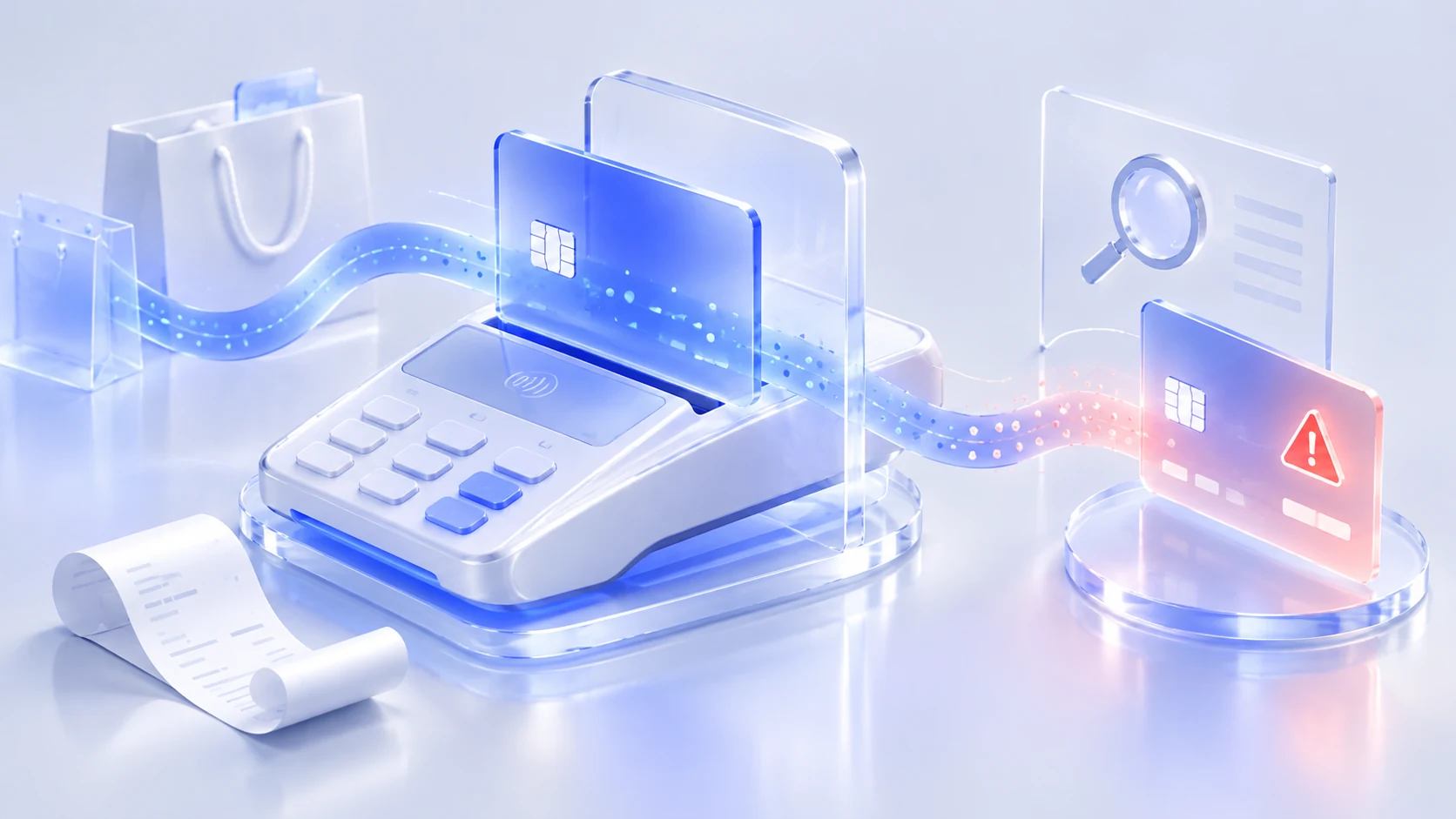 Frosted-glass payment terminal, chip cards, receipt, and inspection shield illustrating in-store fraud and EMV liability.