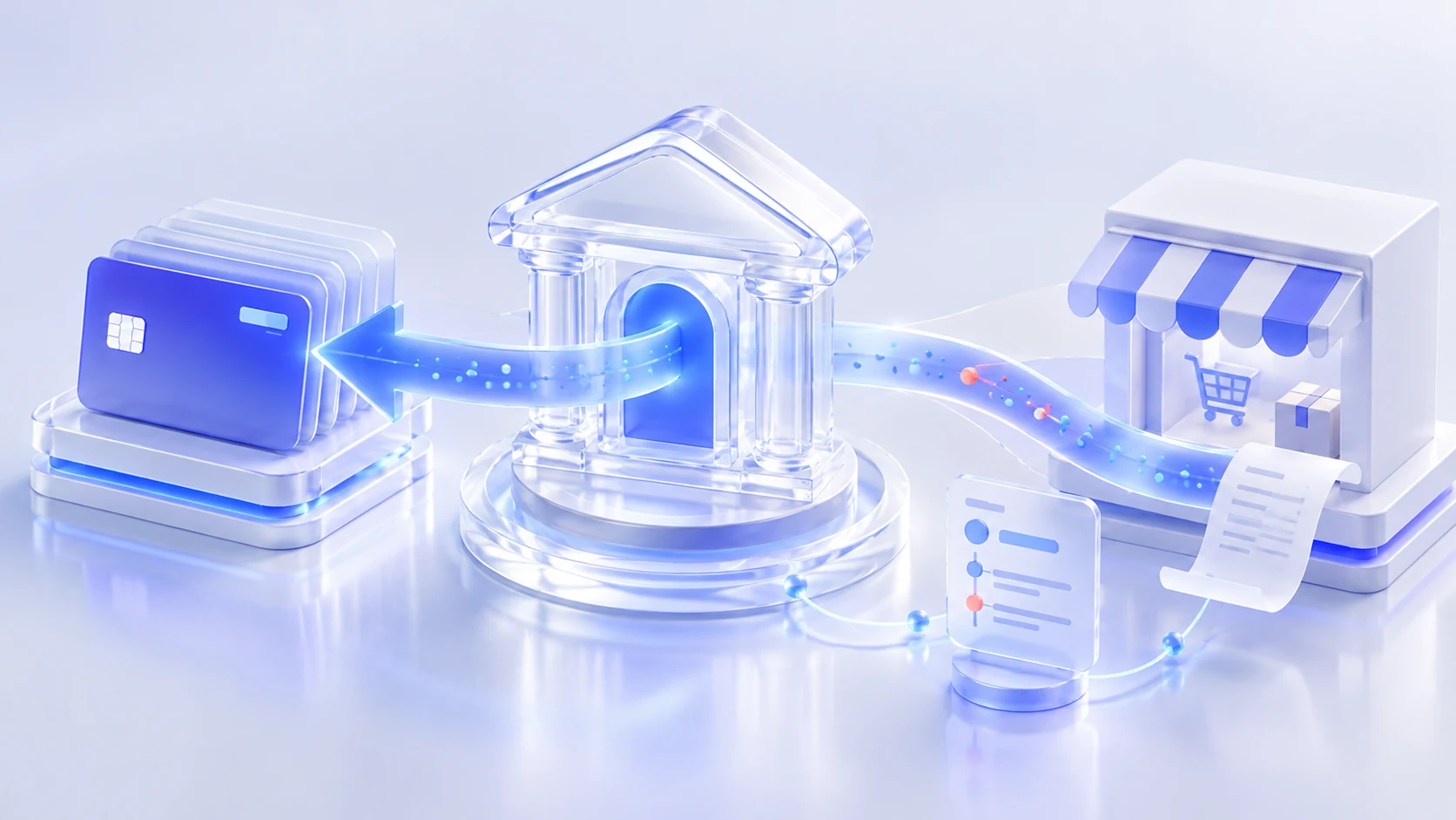 Glass card, bank arch, storefront, and returning blue payment arrow illustrating how a chargeback works.