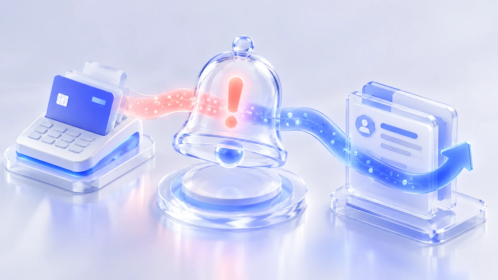 Glass alert bell connected to a payment card, merchant checkout, and response ticket illustrating chargeback alerts.
