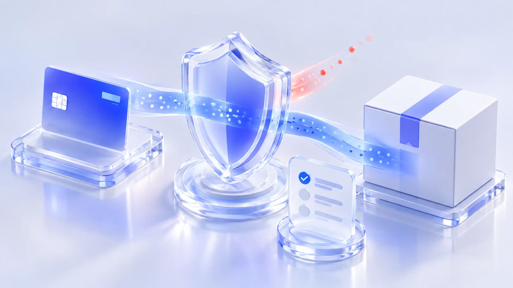 Glass shield, payment card, order package, and eligibility panel illustrating chargeback protection.