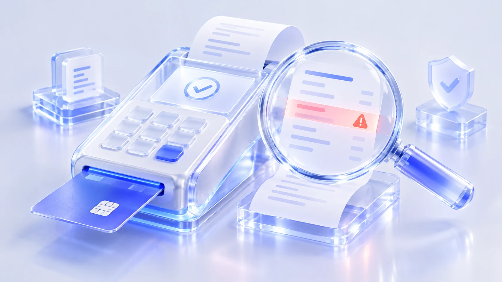 Chip card in a glass payment terminal with a receipt and magnifying lens illustrating card-present fraud investigation.