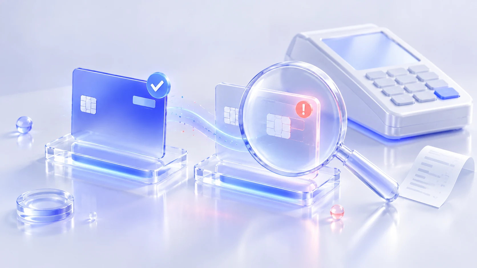 Two chip cards and a glass magnifying lens beside a payment terminal illustrating counterfeit card fraud.