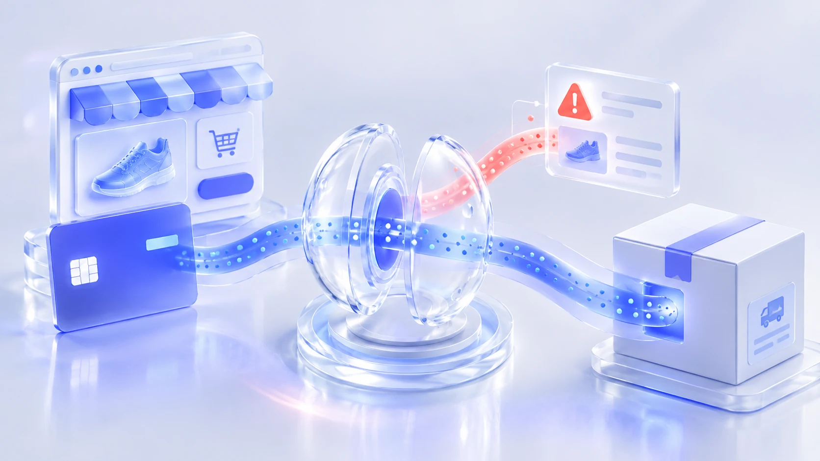 Glass storefront, payment card, and evidence panel illustrating the investigation of online payment fraud.