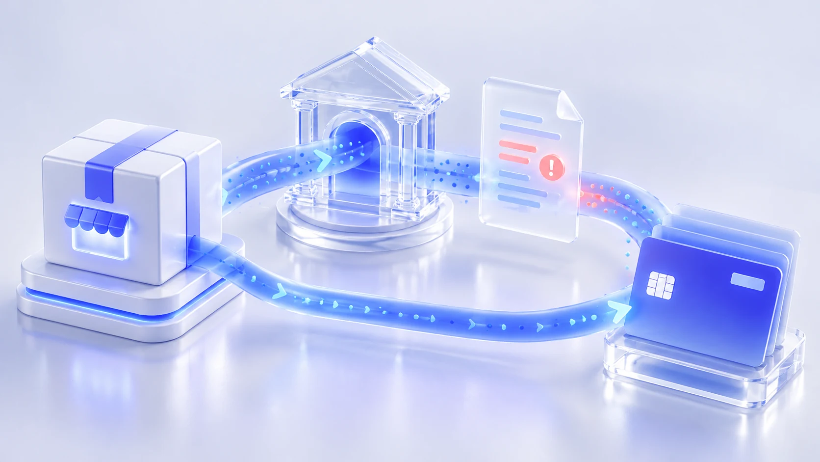 Two blue return paths between a merchant package and payment card illustrating refunds and bank-mediated chargebacks.