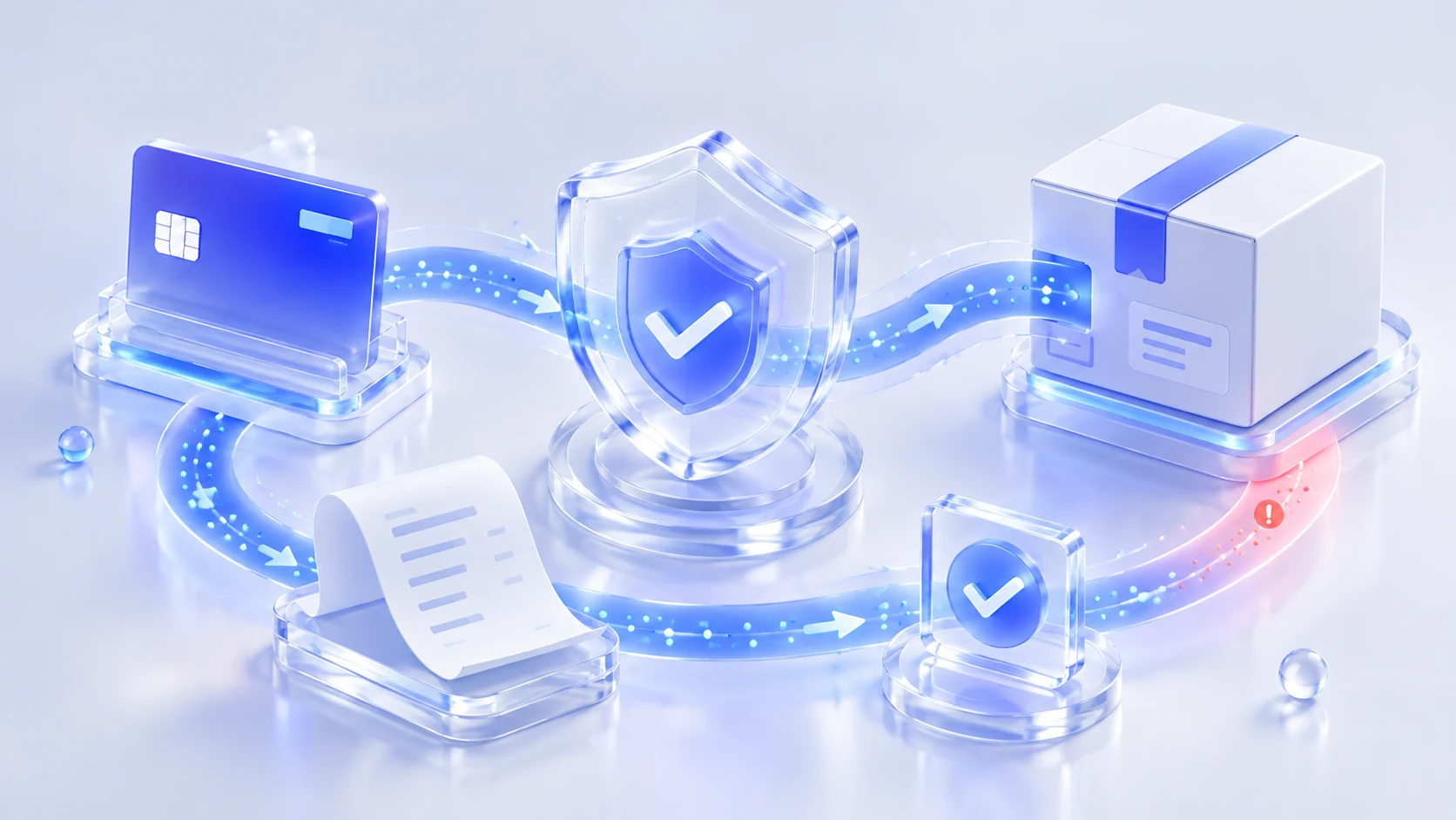 Payment card, parcel, receipt, and clear shield illustrating chargeback prevention.