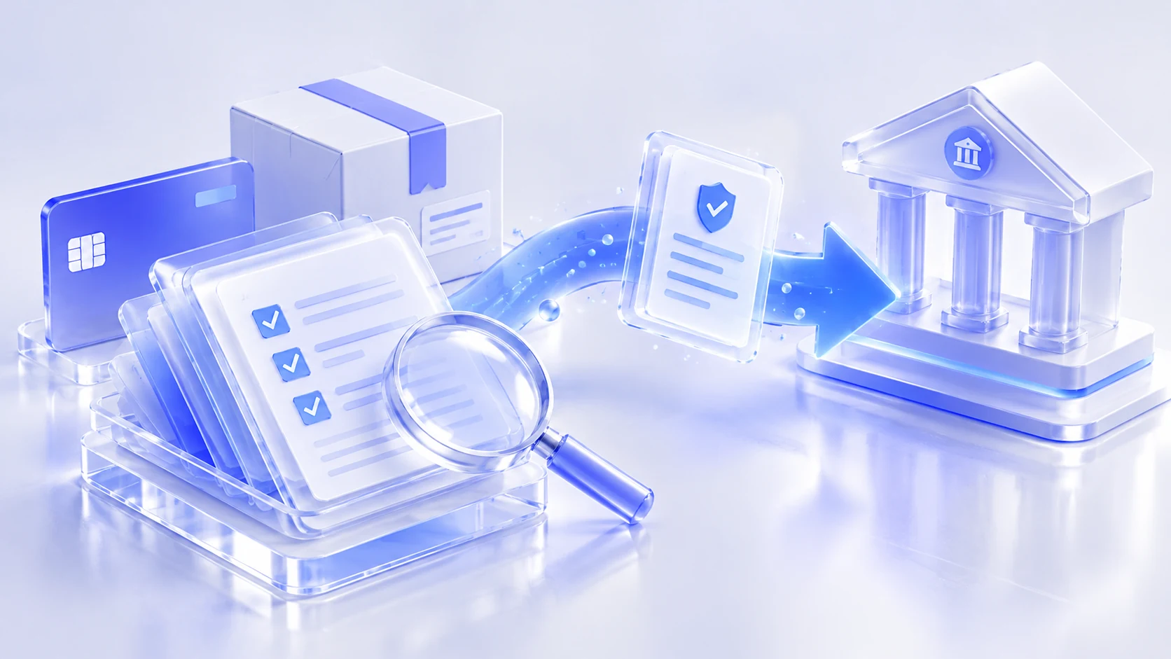 Glass evidence packet, inspection lens, merchant parcel, and blue return arrow illustrating chargeback representment.